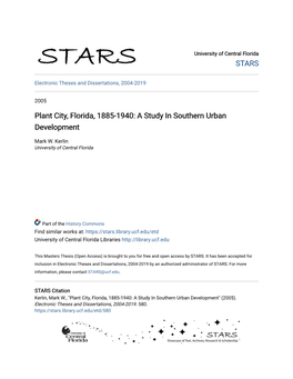 Plant City, Florida, 1885-1940: a Study in Southern Urban Development