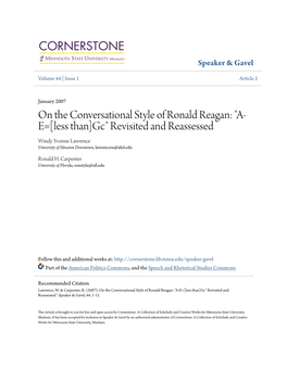 On the Conversational Style of Ronald Reagan: "A- E=[Less Than]Gc" Revisited and Reassessed Windy Yvonne Lawrence University of Houston Downtown, Lawrencew@Uhd.Edu