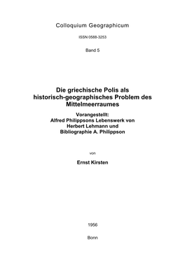 Die Griechische Polis Als Historisch-Geographisches Problem Des Mittelmeerraumes