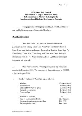 KCR West Rail Phase I Presentation to Legco Transport Panel Subcommittee on Matters Relating to the Implementation of Railway Development Projects