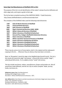 Some Edge Tool Manufacturers of Sheffield 1787 to 1911