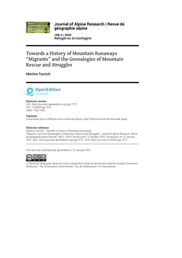 Revue De Géographie Alpine, 108-2 | 2020 Towards a History of Mountain Runaways“Migrants” and the Genealogies of Mount