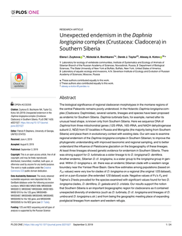 Unexpected Endemism in the Daphnia Longispina Complex (Crustacea: Cladocera) in Southern Siberia