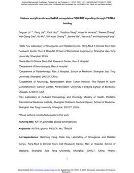 Histone Acetyltransferase KAT6A Upregulates PI3K/AKT Signaling Through TRIM24