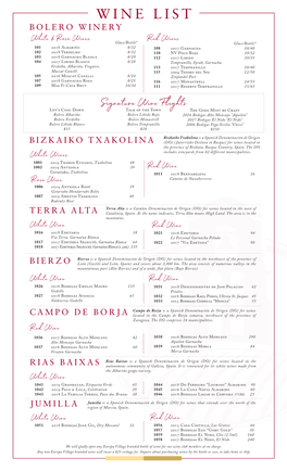 Wine List Bolero Winery