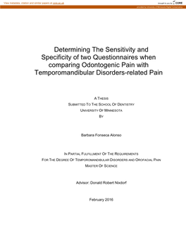 Determining the Sensitivity and Specificity of Two Questionnaires When Comparing Odontogenic Pain with Temporomandibular Disorders-Related Pain