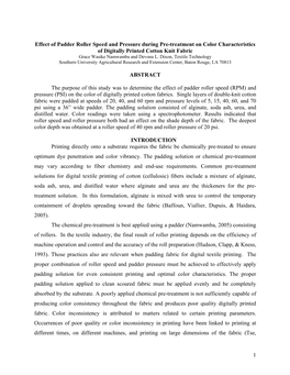 Effect of Padder Roller Speed and Pressure During Pre-Treatment on Color Characteristics of Digitally Printed Cotton Knit Fabric Grace Wasike Namwamba and Devona L