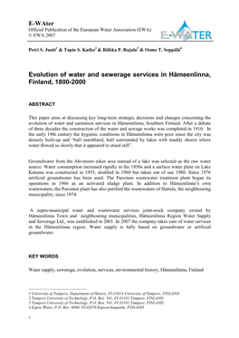 E-Water Evolution of Water and Sewerage Services in Hämeenlinna