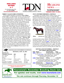 Keeneland's November Breeding Stock Sale HEADLINE NEWS