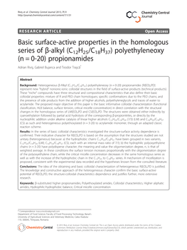 Basic Surface-Active Properties in the Homologous Series of Β-Alkyl (C 12H25/C18H37) Polyethyleneoxy (N = 0-20) Propionamides