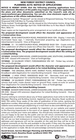 NEW FOREST DISTRICT COUNCIL PLANNING ACTS: NOTICE of APPLICATIONS NOTICE IS HEREBY GIVEN: That the Following Planning Applications Have Been Received