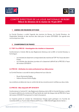 COMITÉ DIRECTEUR DE LA LIGUE NATIONALE DE RUGBY Rélevé De Décisions De La Réunion Du 14 Juin 2019