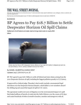 BP Agrees to Pay $18.7 Billion to Settle Deepwater Horizon Oil Spill Claims - WSJ Page 1 of 5