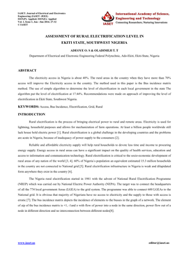 Assessment of Rural Electrification Level in Ekiti State, Southwest Nigeria