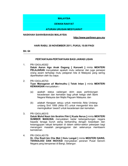 Malaysia Dewan Rakyat Aturan Urusan Mesyuarat Naskhah Sahih/Bahasa