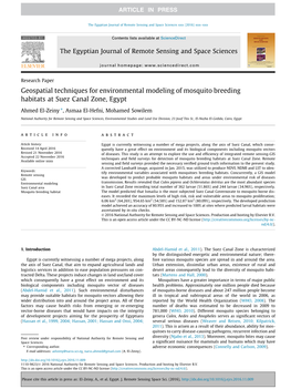 Geospatial Techniques for Environmental Modeling of Mosquito Breeding Habitats at Suez Canal Zone, Egypt ⇑ Ahmed El-Zeiny , Asmaa El-Hefni, Mohamed Sowilem