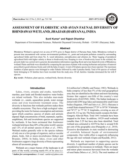 Assessment of Floristic and Avian Faunal Diversity of Bhindawas Wetland, Jhajjar (Haryana), India