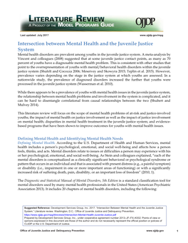 Intersection Between Mental Health and the Juvenile Justice System Mental Health Disorders Are Prevalent Among Youths in the Juvenile Justice System