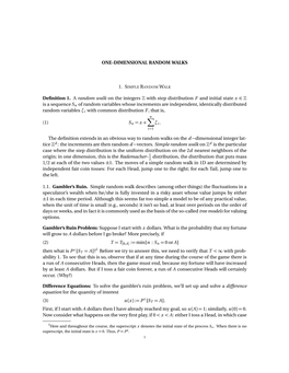 ONE-DIMENSIONAL RANDOM WALKS Definition 1. a Random Walk on the Integers with Step Distribution F and Initial State X ∈ Is A