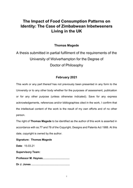 The Impact of Food Consumption Patterns on Identity: the Case of Zimbabwean Inbetweeners Living in the UK