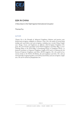 GSK in CHINA a New Dawn in the Fight Against International Corruption