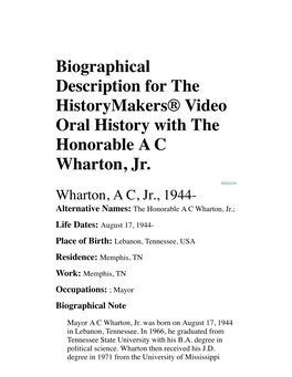 Biographical Description for the Historymakers® Video Oral History with the Honorable a C Wharton, Jr