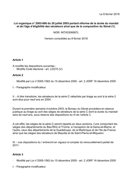 Le 8 Février 2018 Loi Organique N° 2003-696 Du 30 Juillet 2003 Portant