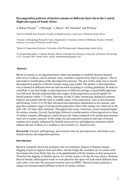 Decomposition Patterns of Buried Remains at Different Intervals in the Central Highveld Region of South Africa