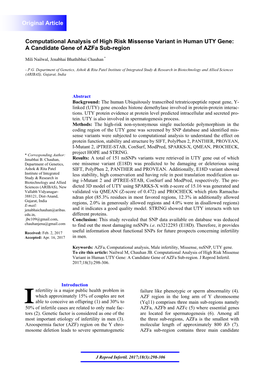 Computational Analysis of High Risk Missense Variant in Human UTY Gene: a Candidate Gene of Azfa Sub-Region