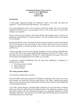 Constitutional Reform, Then and Now Speech to ACT ARM Dinner 2 June 2007 Andrew Leigh