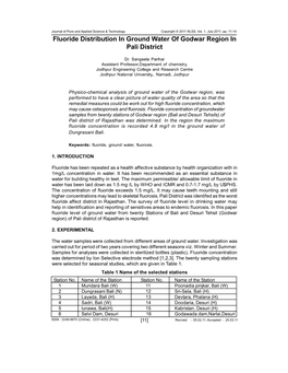 Fluoride Distribution in Ground Water of Godwar Region in Pali District