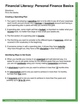 Financial Literacy: Personal Finance Basics U D Directions: E Fill in the Blanks