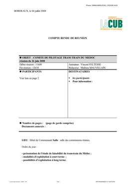 Compte-Rendu Du Comité De Pilotage Tram Train Du Médoc