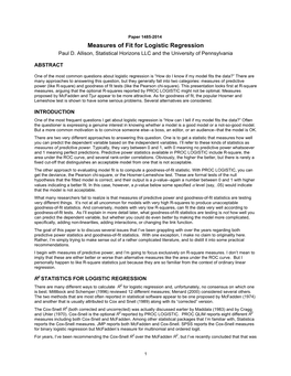 Measures of Fit for Logistic Regression Paul D