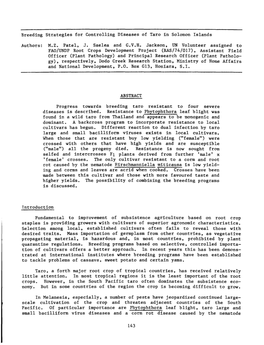 Breeding Strategies for Controlling Diseases of Taro in Solomon Islands