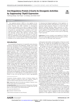 Iron Regulatory Protein 2 Exerts Its Oncogenic Activities by Suppressing Tap63 Expression Yanhong Zhang1, Xiuli Feng1,2, Jin Zhang1, and Xinbin Chen1