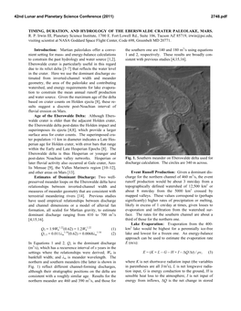 Timing, Duration, and Hydrology of the Eberswalde Crater Paleolake, Mars