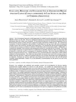 Evaluating Behavior and Enclosure Use of Zoo-Housed Broad- Snouted Caiman (Caiman Latirostris): a Case Study in the Zoo of Córdoba (Argentina)