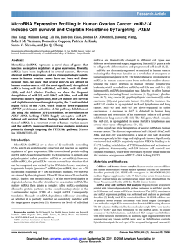 Microrna Expression Profiling in Human Ovarian Cancer: Mir-214 Induces Cell Survival and Cisplatin Resistance Bytargeting PTEN