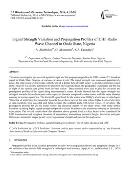 Signal Strength Variation and Propagation Profiles of UHF Radio Wave Channel in Ondo State, Nigeria A