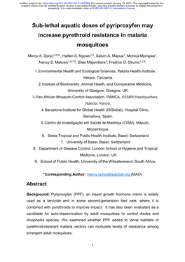 Sub-Lethal Aquatic Doses of Pyriproxyfen May Increase Pyrethroid Resistance in Malaria Mosquitoes