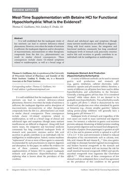 Meal-Time Supplementation with Betaine Hcl for Functional Hypochlorhydria: What Is the Evidence? Thomas G