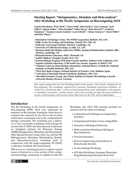 Meeting Report: “Metagenomics, Metadata and Meta-Analysis” (M3) Workshop at the Pacific Symposium on Biocomputing 2010