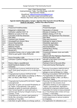 Agenda Cyfarfod Blynyddol Y Cyngor / Agenda of the Council’S Annual Meeting 18.09.19 7.00 Yh/Pm Pafiliwn Parc Mwd Pavillion