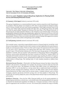 Population Ageing in Hong Kong: Implications for Planning Health Services and Financing Retirement Security