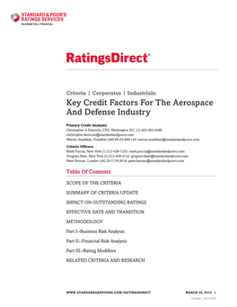 Key Credit Factors for the Aerospace and Defense Industry