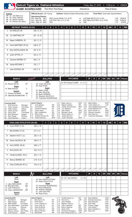 Detroit Tigers Vs. Oakland Athletics Friday, May 27, 2016 W 7:05 P.M