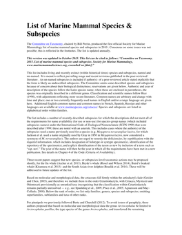 List of Marine Mammal Species & Subspecies