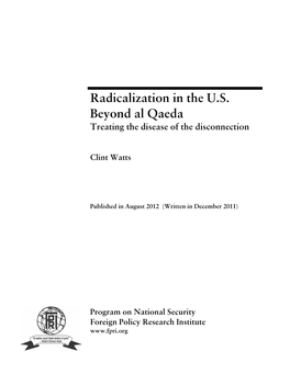 Radicalization in the U.S. Beyond Al Qaeda Treating the Disease of the Disconnection