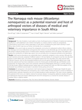 The Namaqua Rock Mouse (Micaelamys Namaquensis) As a Potential Reservoir and Host of Arthropod Vectors of Diseases of Medical An